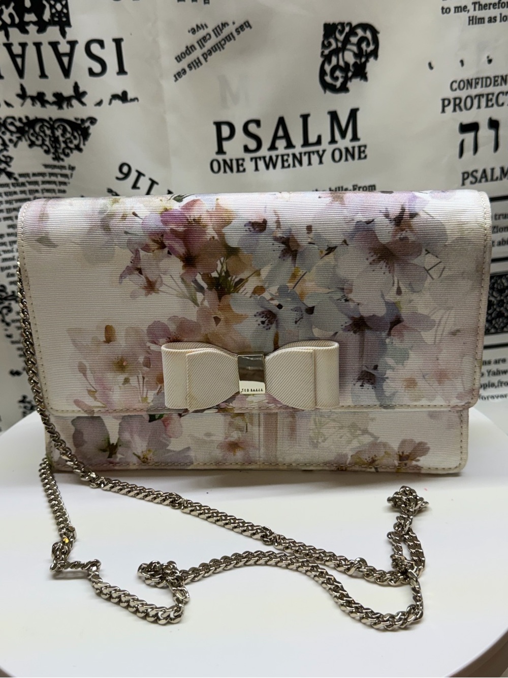 Ted Baker Ivory Floral Bow Crossbody Bag with Silver Chain